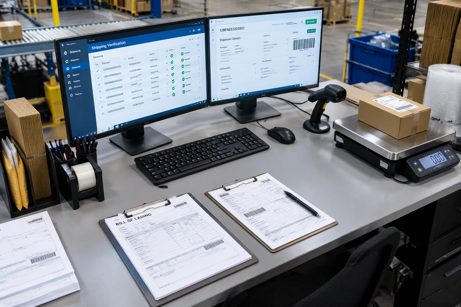 Logistics workstation with manifests and shipping terminal monitors